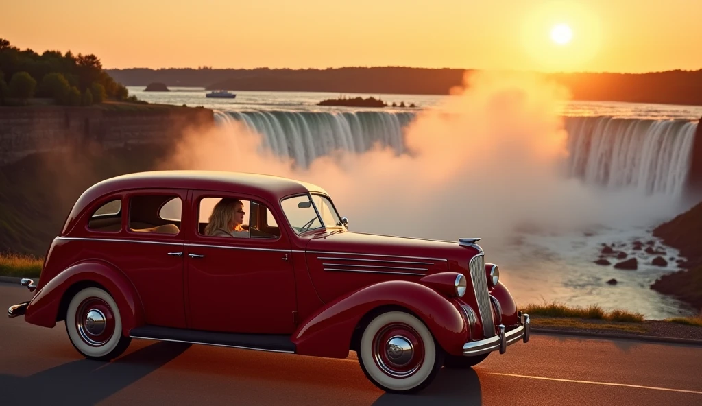 hudson terraplane 1937 Dark Red at the Niagara falls with a sunset, a beautiful blonde woman driving,