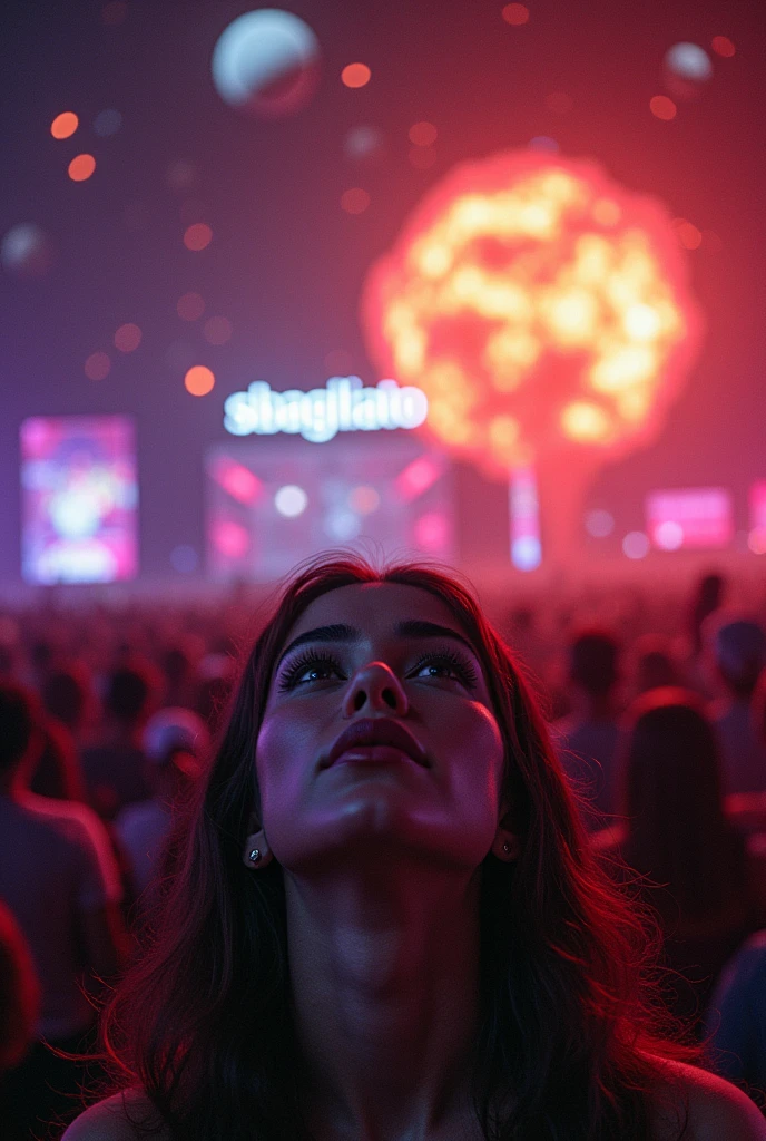 A Woman's Gaze I fell from space into an electronic music concert and with the word sbagliato in the background, while a planet explodes and a bottle of whiskey is opened by a DJ in the middle of a concert
