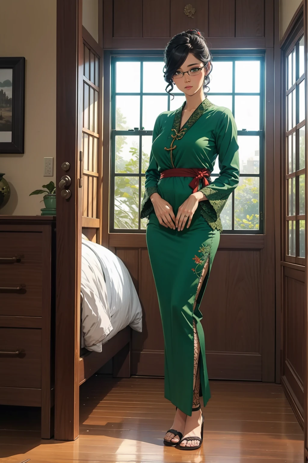 1 girl, black updo hair, glasses, tall girl, large breast, wearing traditional green  lace kebaya , standing, inside bedroom, fullbody shot,, curios face, detail eyes, detail face, blushing, standing on floor, 