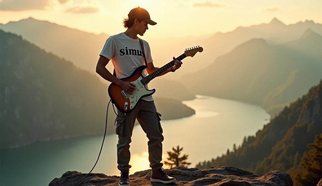 a young man wearing a t-shirt that says 'SiMus', baseball cap, cargo trousers, boat shoes, playing electric guitar, like a pro, standing on top of a mountain, lake below, dramatic lighting, realistic, detailed, cinematic, epic landscape, fog, golden time, warm colours, bright, highly detailed