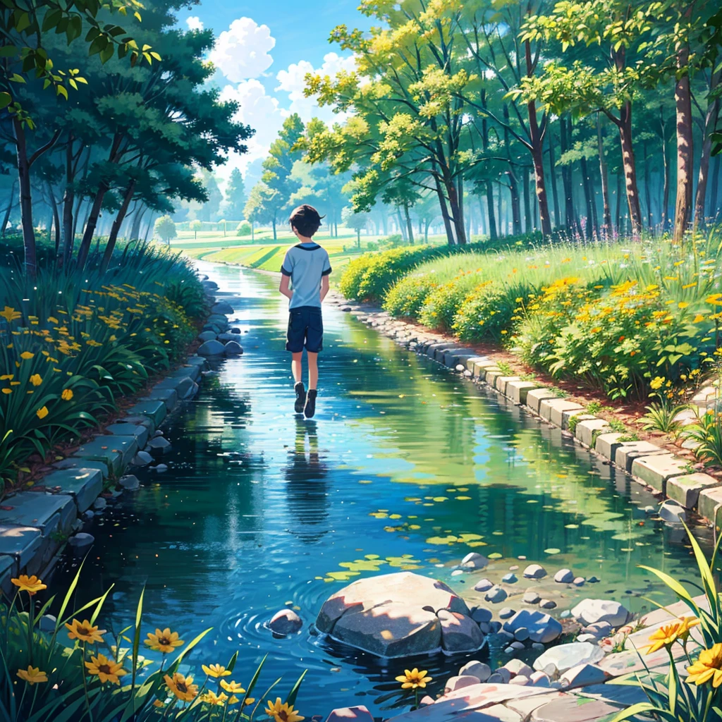 Older country girl and younger city boy, smile, summer vacation, countryside, stream