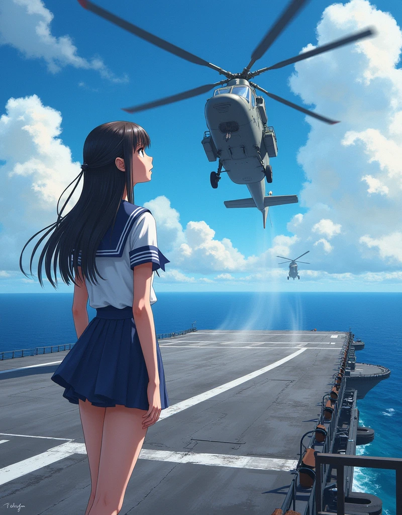 masterpiece, Highest quality, Aircraft carrier deck、(Helicopter taking off)、Sailor suit girl looking up、