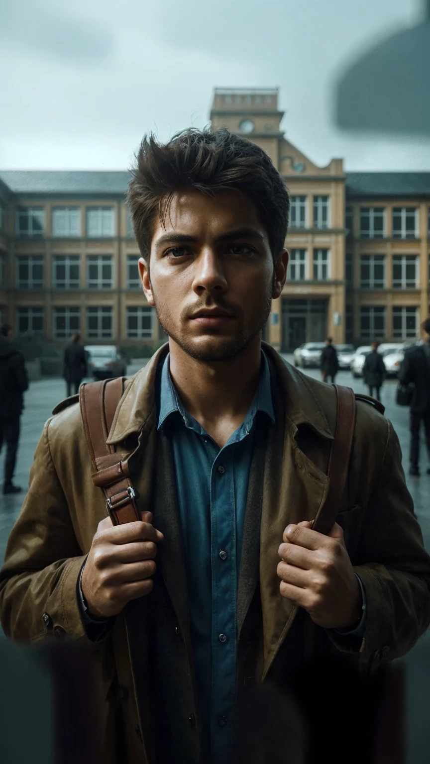 Full image. A person standing in front of a school with a scared expression. Photorealism, full view, very detailed image, very realistic, hyperrealism, cinematography, Ultra HD, 8k, Unreal Engine 5, sharp focus, intricate and mysterious masterpiece. (Long exposure photography Artistic illustration close-up portrait very detailed: final quality, medium shot, backlight, Rich and striking. Enigmatic and mysterious manipulations (composition of the rule of thirds), ((detailed environment with strong lines) The best quality, in camera, white light, warm and clean aesthetics, dazzling screen composed of millions of brilliant ultraviolet rays, HDR.