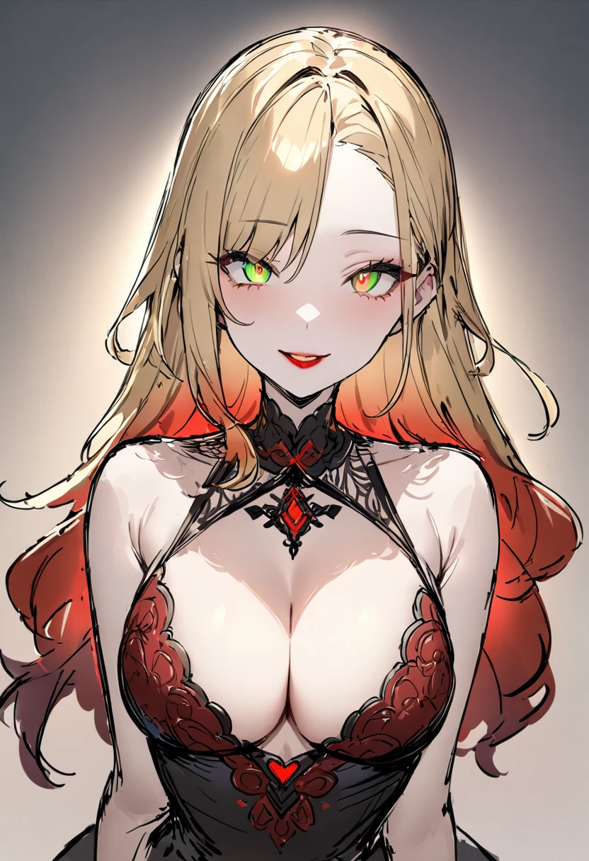 (masterpiece, top quality, very aesthetic, 4k、), (sketch:1.3)、intricate detail, 1woman,solo,contrapposto 、(gradient eyes、tareme)、Strong glowing eyes、asymmetrical bangs,Fair skin,(upper body)、beautiful women、Cleavage、happy、(red lipstick),beautiful face、(gradient hair)、(blonde hair)、low ponytail、sidelock ,,green eyes、Evening Dresses、medium breasts、slender 、