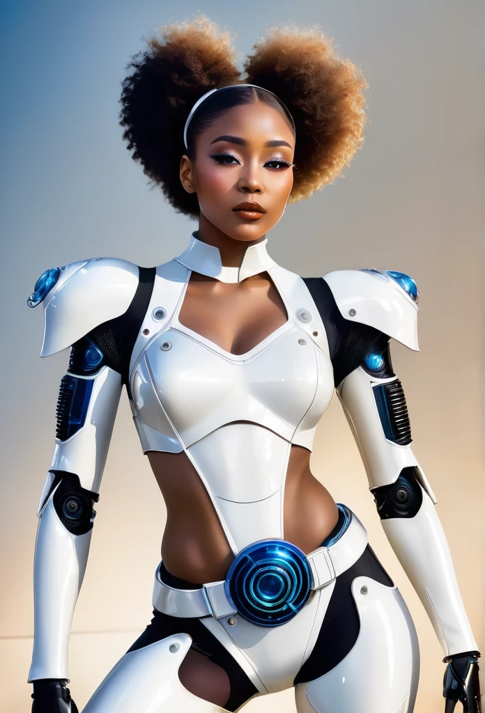 Two women. Singing and dancing on a stage. Theme is afrofuturism. Their outfits are inspired by 1960s retro. The women are dressed as cyber robot androids. High tech futuristic outfits, outfits are in sections. white. Outfits include helmets and boots. Organic materials. Barbarella, Star wars stormtrooper, 