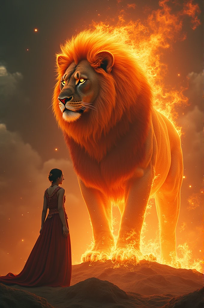 At backgrouns a giant burning lion watchimg his queen 