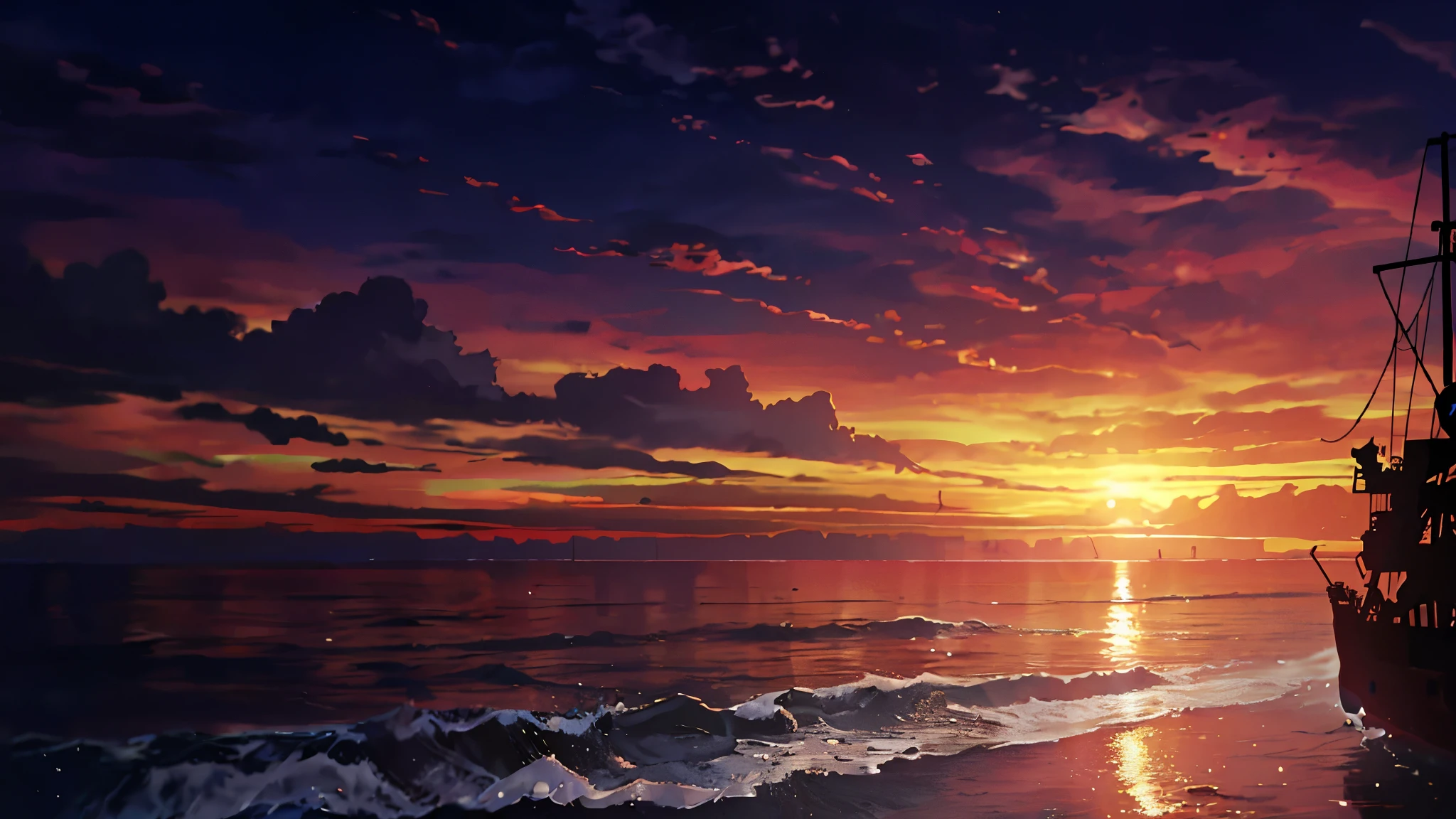 Anime - sunset on the ocean between clouds and an ancient shipwrecked pirate vessel. Obra por makoto shinkai. ((Obra-prima)), ((melhor qualidade)), ((8k)), ((full hd)).