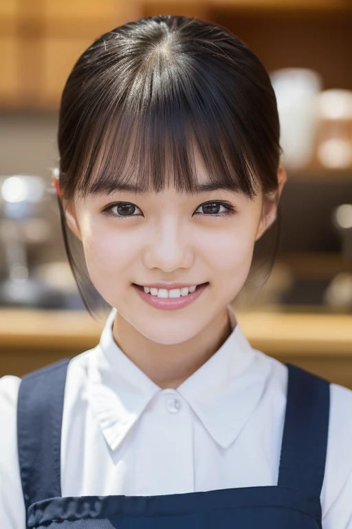 ((sfw: 1.4)),((detailed face, professional photography)), ((sfw, barista uniform,forehead, pulled back hair, 1 Girl)), smile, Ultra High Resolution, (Realistic: 1.4), RAW Photo, Best Quality, (Photorealistic Stick), Focus, Soft Light, ((20 years old)), ((Japanese)), (( (young face))), (surface), (depth of field), masterpiece, (realistic), woman, bangs, ((1 girl))