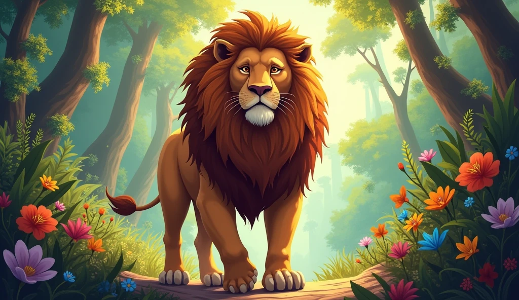 A full-page illustration of Lion in a colourful jungle stepping forward, his mane flowing
majestically, as he declares his claim to the throne for children book