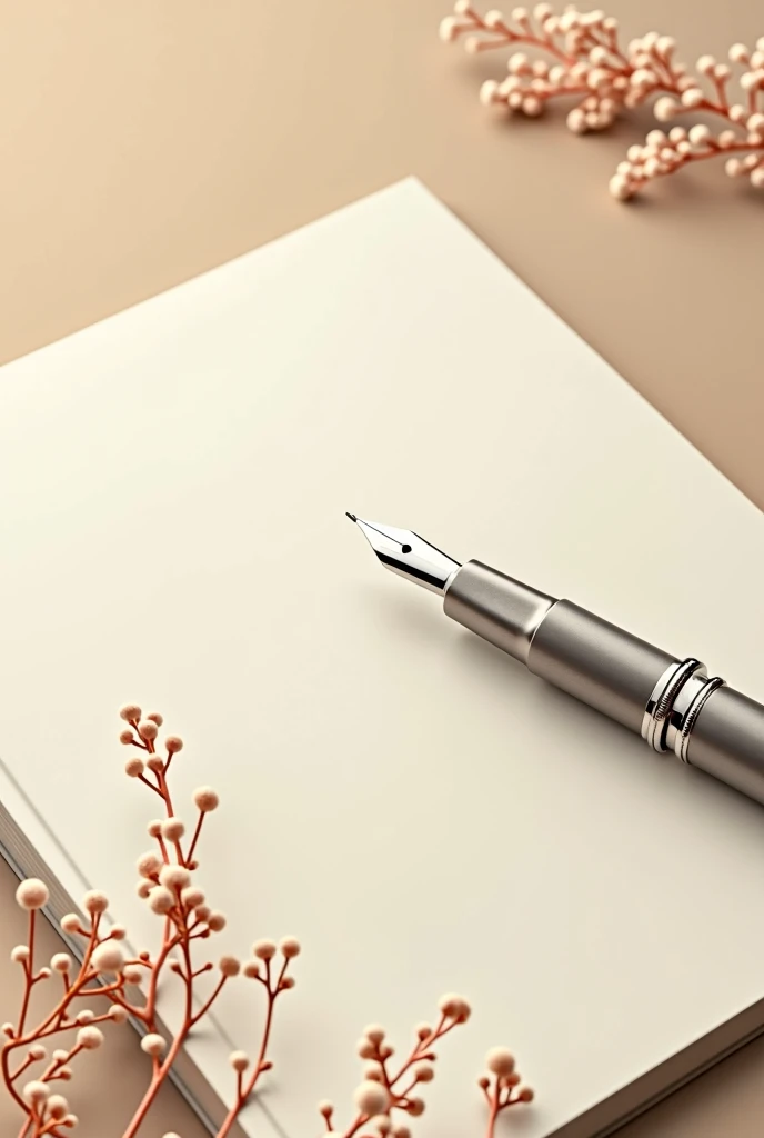 A white brownish page. The page with some flower design bottom side of the page. Left side of the page have a Parker Folio Stainless Steel Chrome Trim silver color Fountain Pen. Pen is completely silver color don't use other colors.
Pen onto the side corner of the page. Pen don't cover the page or the middle part of the page. Remove any text from the page and want only pen and the page.
