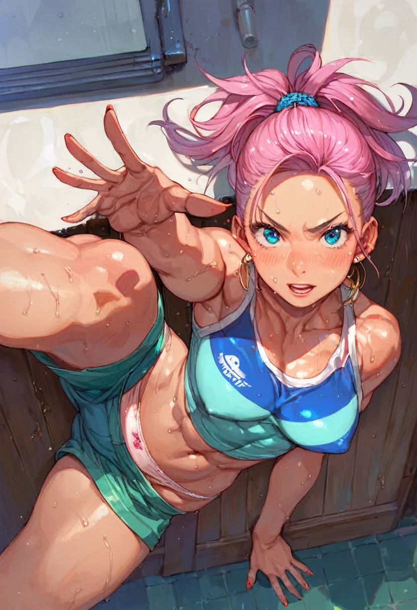 score_9_above, score_8_above, score_7_above, Meiko SHIRAKI, pink hair, Double ponytail hairstyle, misive is, sweaty, sweat drop,  is, Alone, Bermuda, thighs, dolphin Bermuda, inside, Best Quality, high quality, score_9_above, score_8_above, score_7_above, big is, fat is, misive is, bend, panties, sweaty panties, round is, misive is, shiny is, sweaty is, Niña pateando los genitalis de un niño, kicking the boy&#39;s penis, looking back, blue eyis, sadistic smile