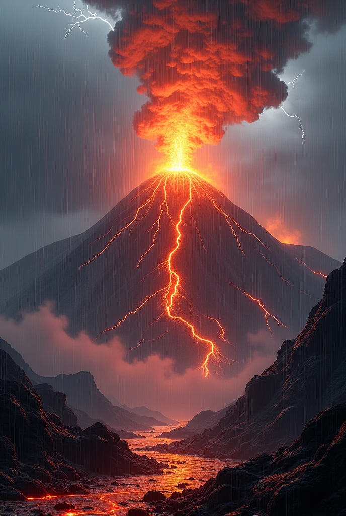 Thunder above the fired volcano in rain (not smoke only fire)