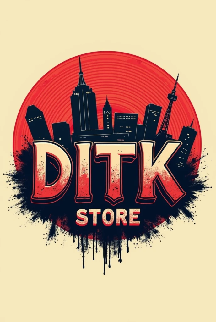 Make logo of DTK word hiphop90s style add store smallfont at the buttom and circle around red tone