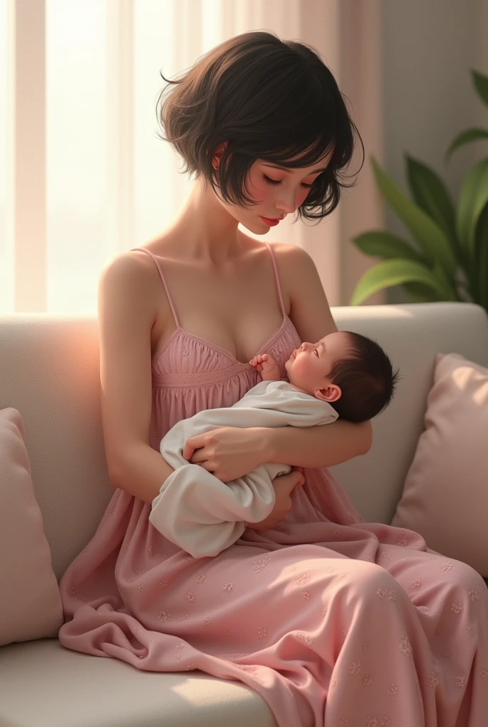 master part, melhor qualidade,1baby menino, boy, olhos azuiz, cabelos castanhos, Nursing on the mother's lap, Nursing on the mother's lap, segurando uma mamadeira grande,Ambulatorial,menina de vestimenta,cabelo preto solto, olhos marrons, the babybreastfeeding(1Baby:1.2)