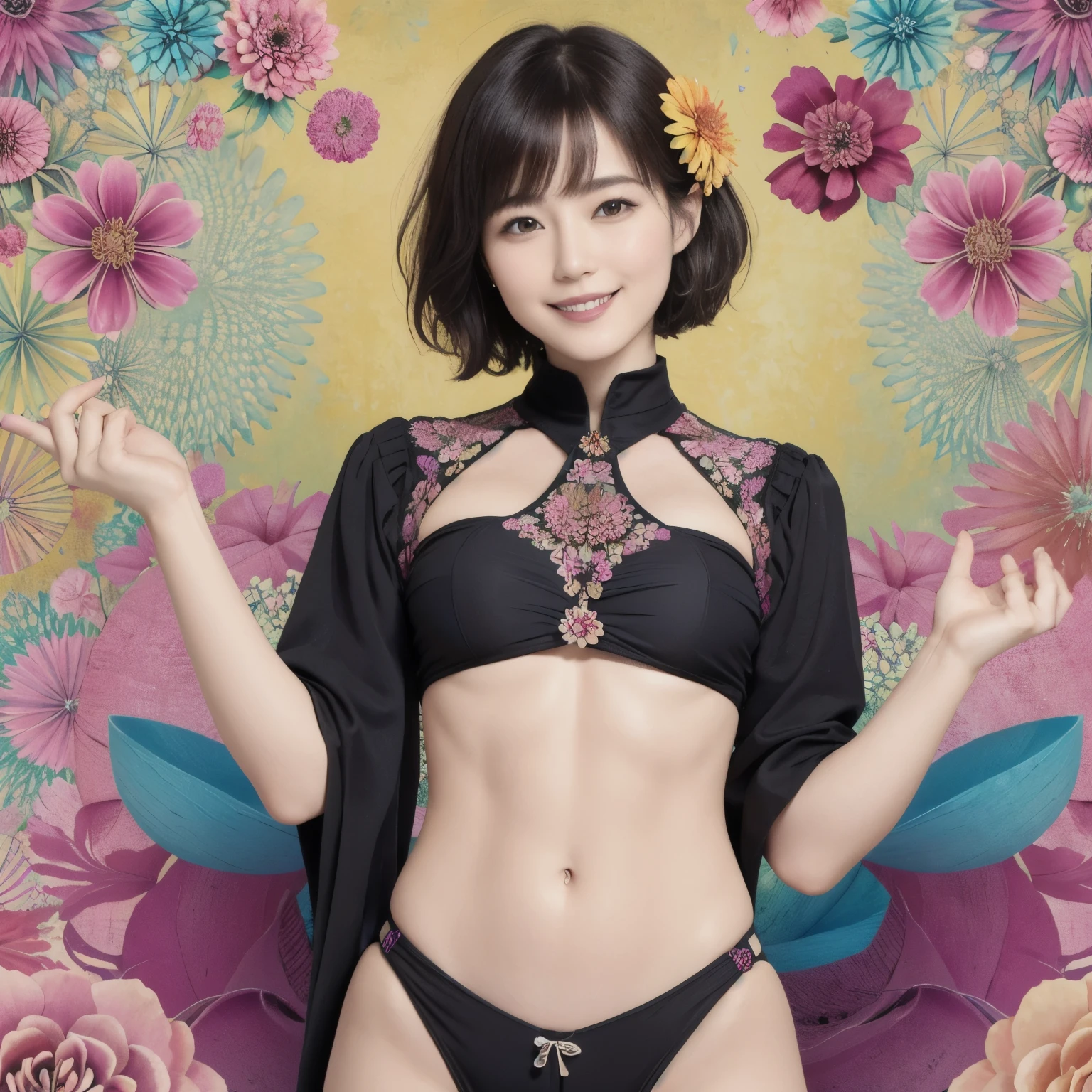 275 (20-year-old woman,short hair), (beautiful:1.1), (Fractal Art:1.2), (flower), whole body, (Abstract background:1.3), (Many colors:1.4), (Old-fashioned smile), Abdominal muscles, (Wave)
