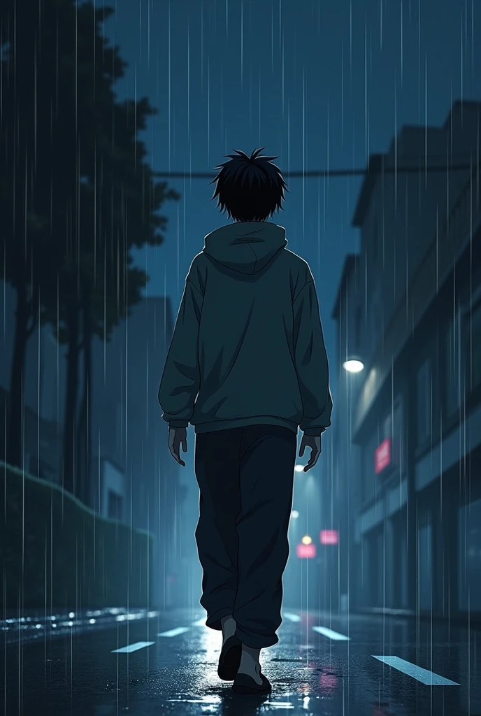 I want a anime boy wearing hoodie in rain it should be night there should be reflection of water his back should be visible he is walking he is wearing loose pants his neck is down