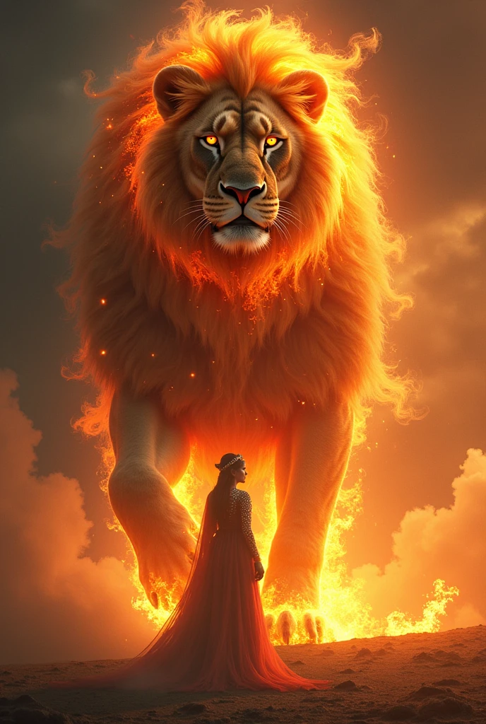 At backgrouns a giant burning lion watchimg his queen