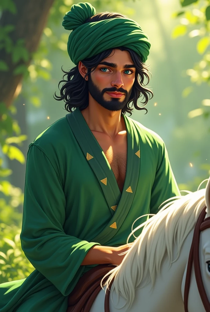 A gentle young man is riding a white horse ,black  long hair , blue eyes , triangle , healthy body, healthy face , big eyes with black  beard white face green   turban  on head in a beautiful green color dress with green  shirt  close shirt seeing in ground 