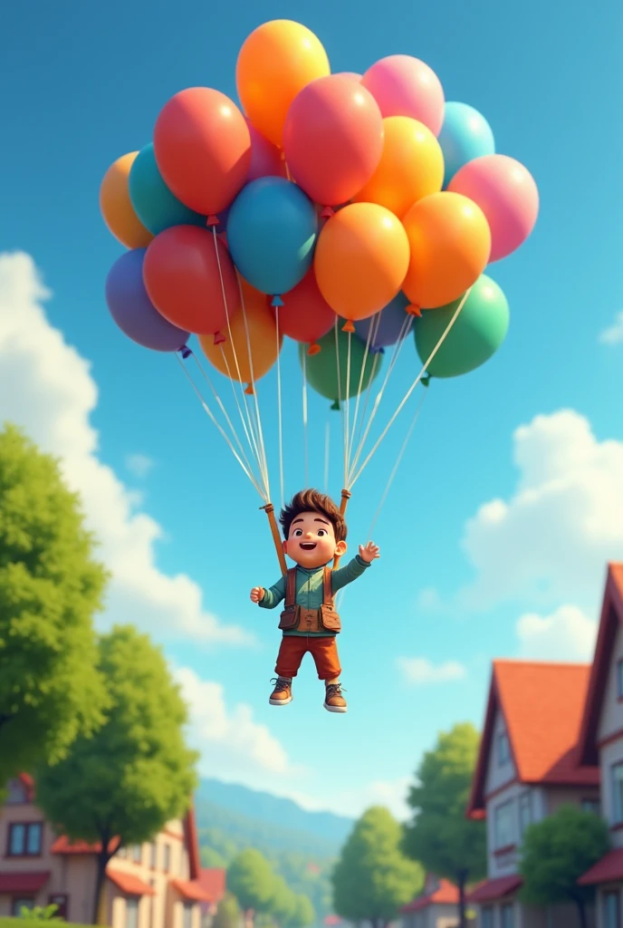 max the  tied the balloons to his waist and started flying very high over the trees and houses,  laughing joyfully