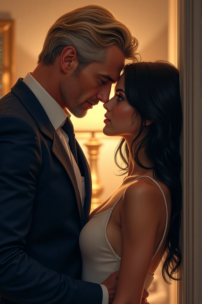 illustration of a handsome man forty years old, powerful blue look and blonde hair, similar to the character Tyler Rake, wearing a suit and a tie, looking intensely and passionately at a beautiful twenty-year-old girl similar to the character Blair Waldorf, youthful face, naive dark look, dark hair and dark eyes wearing a light dress, they are in a luxurious suite, she is leaning against the wall being seductively cornered by him and taking off his tie. full body image of the couple.