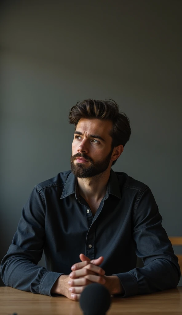 A 20-something man is sitting on a chair, and there's a table in front of him - and there's a mic on the table, and he has a beard. And see on the front.