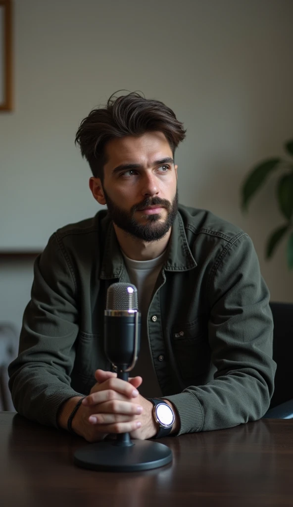 A 20-something man is sitting on a chair, and there's a table in front of him - and there's a mic on the table, and he has a beard. And see on the front.