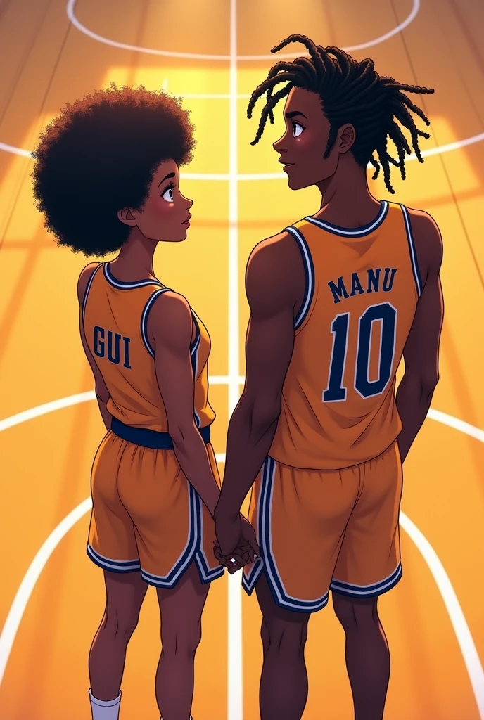 A brown couple holding hands with silver rings, the woman has black afro hair, is wearing a team jersey with the name "GUI" in back, she is shorter than the man and thin, she doesn&#39;t play.
The man has medium length twist hair, ele is wearing a team jersey with the name "manu" in back com o número 10, He is taller than the woman.
They are on a basketball court. anime model