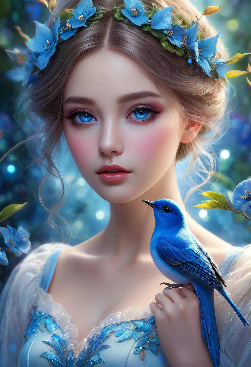 1girl, blue bird, fairy tale, beautiful detailed eyes, beautiful detailed lips, extremely detailed face, long eyelashes, fantasy, whimsical, dream-like, vibrant colors, soft lighting, magical realism, cinematic, (best quality,4k,8k,highres,masterpiece:1.2),ultra-detailed,(realistic,photorealistic,photo-realistic:1.37),digital painting, concept art, surreal, ethereal, mystical, glowing