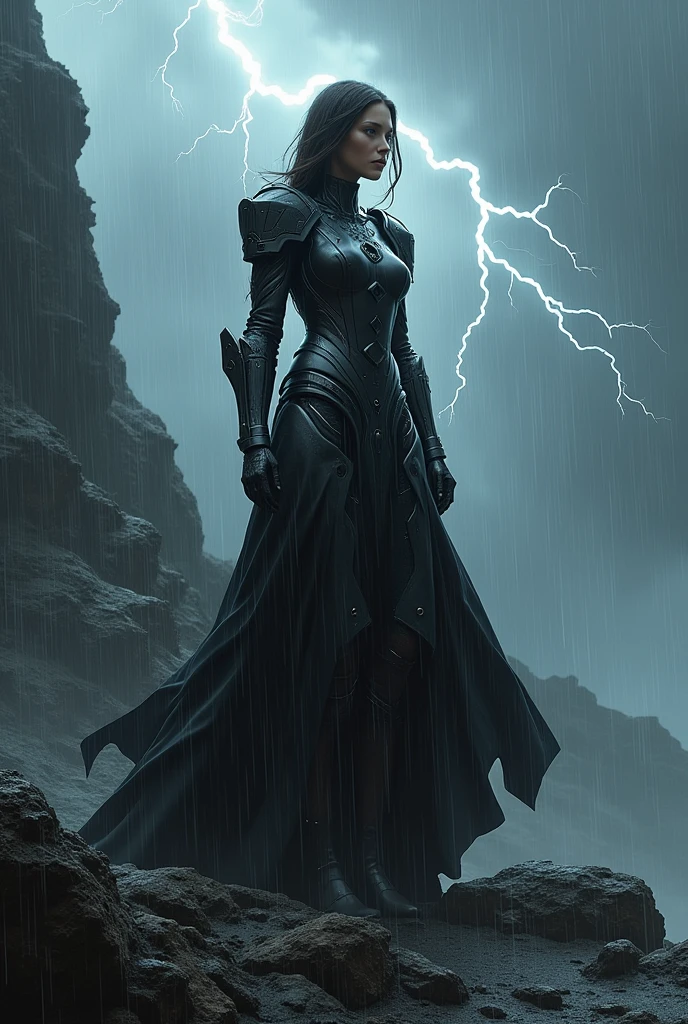 The wind power symbolic Armor dress on black rock with heavy rain and thunder weather condition
