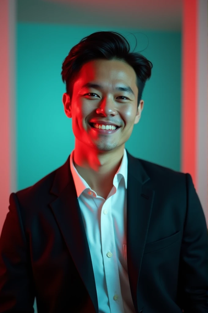 A young man with dark hair and a confident smile. He is dressed in a black blazer over a white shirt. The man is positioned against aqua colour backdrop with a subtle red lighting on the left side. and he posing for Linkedin profile