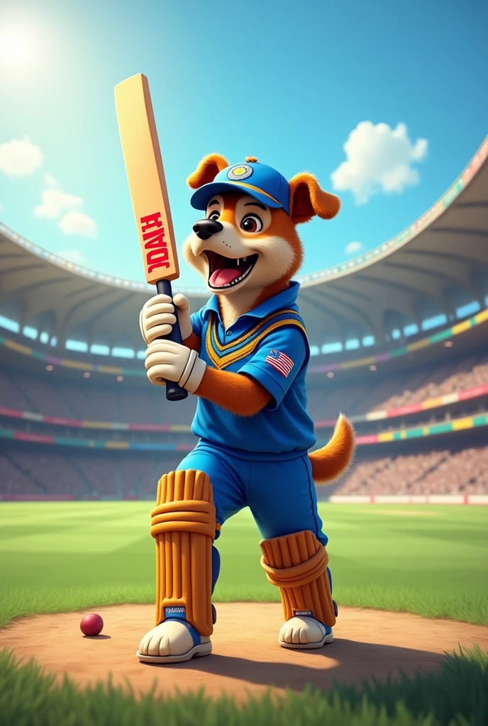 a dog play cricket on Indian team on stadium