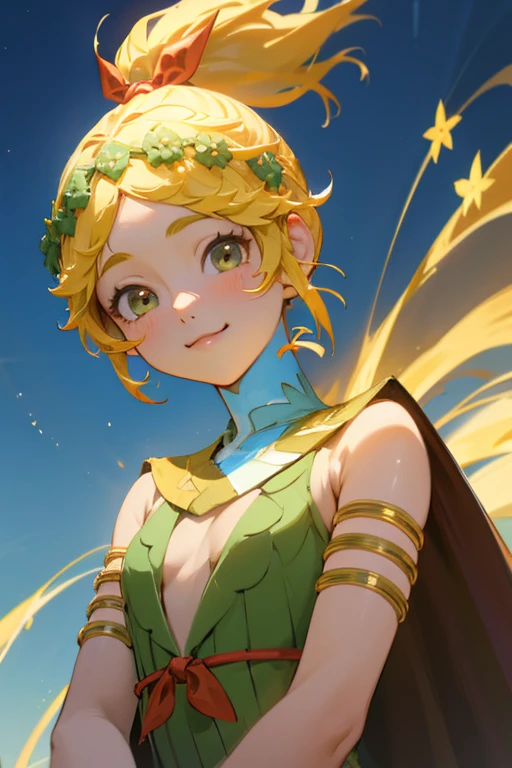 Beautiful Anime Goddess Portrait,(masterpiece, Highest quality, Highest quality, Official Art, beautifully、beautiful:1.2), (One person), Very detailed, (Fractal Art:1.3), colorful, Most detailed, Perfect Face, Upper Body, High resolution, blue sky, Impressive visuals, (Dynamic Stripes, Light trail:1.2), Vibrant colors, Very cute smile,blonde,demeter, blonde hair, armlet, jewelry, dress, ponytail, cape