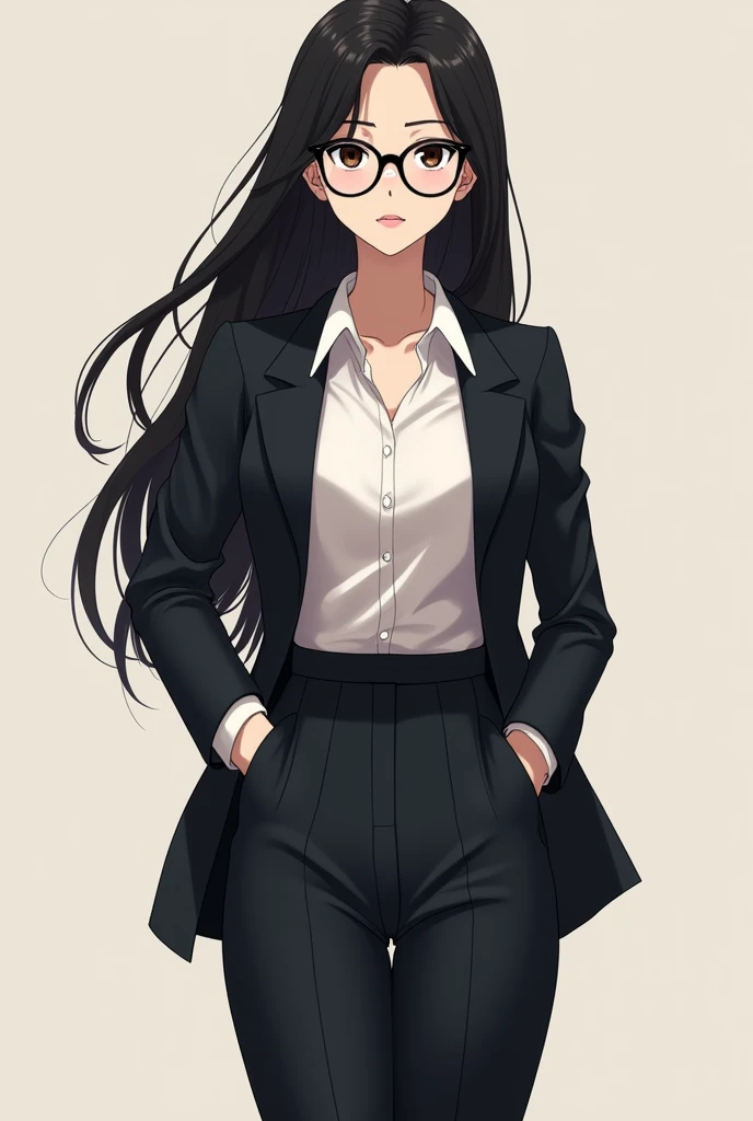 Older woman in her mid 30, pretty, long black hair, black eyes with glasses, standing straight, light skin, serious look, wearing a work attire. In anime look