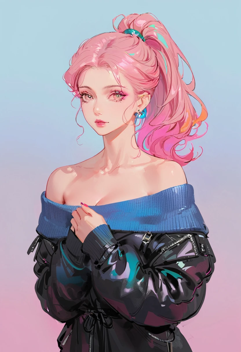 Illustrator, anime , Realistic ,sketch , 1 person, ,lip, Off-the-shoulder sweater, (((whole body))), order, Blue gradient background, Neon colored long ponytail hair,Texture Trim, Canadian, (masterpiece,Highest quality) cancer