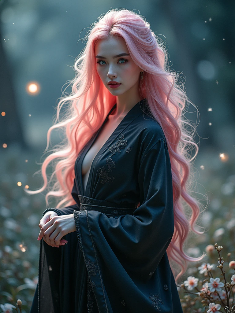 Gorgeous woman, chinese, long pink hair, blue eyes, black hanfu, curvy, flowy, beautiful, otherworldly, luminism, stars, flowers, glitter, cool, gothic, dusty, ethereal, immortal, light, dark, bright, mysterious, soft, portrait photography, photo