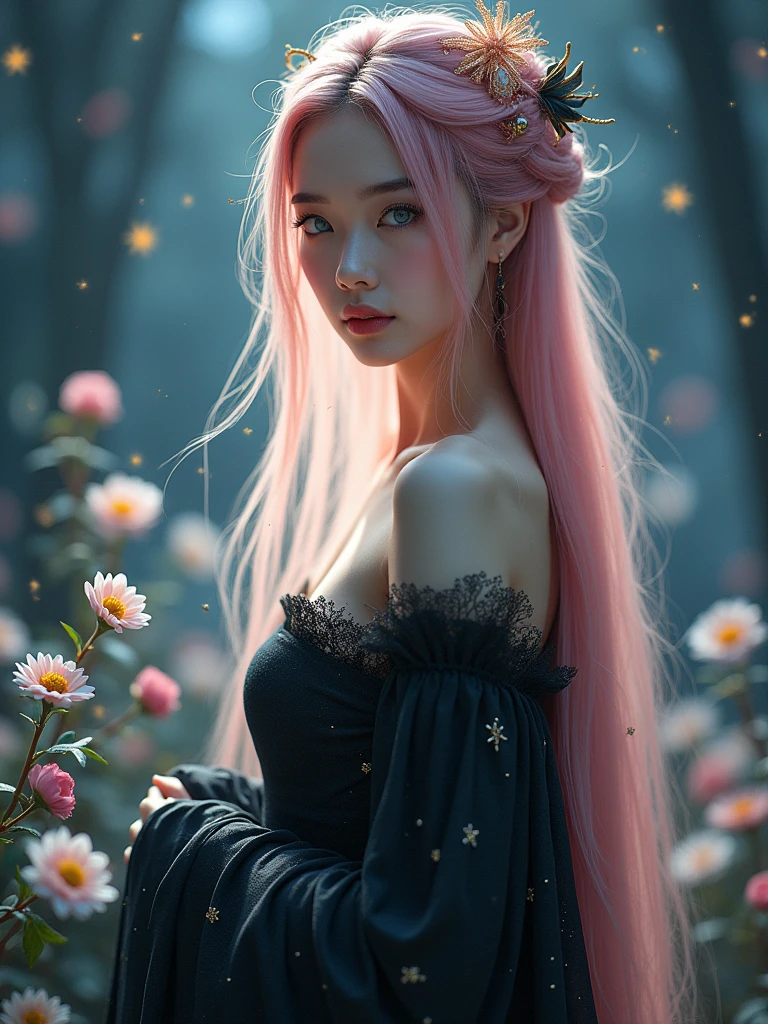 Gorgeous woman, chinese, long pink hair, blue eyes, black hanfu, curvy, flowy, beautiful, otherworldly, luminism, stars, flowers, glitter, cool, gothic, dusty, ethereal, immortal, light, dark, bright, mysterious, soft, portrait photography, photo