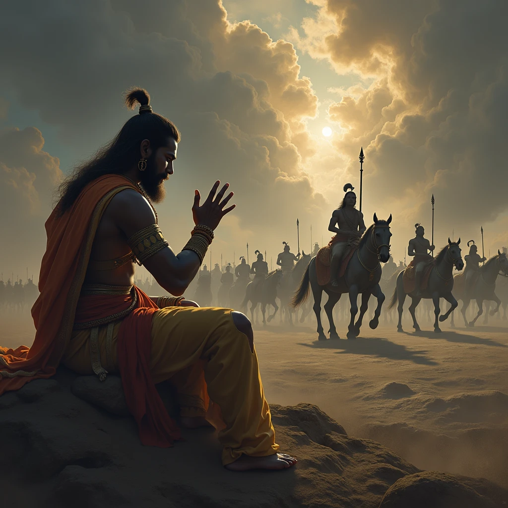Depict Arjuna in his chariot, his bow lowered, and his face filled with sorrow and doubt. His gaze is turned towards the opposing Kaurava army, which is blurred and shadowy, symbolizing his internal conflict. In the background, faint images of sin and darkness start to encroach upon him, representing the consequences he fears from killing his kin. Krishna sits beside him with a compassionate expression, his hand gently raised as if offering wisdom and solace. The battlefield around them is vast and ominous, with the tension of the impending battle heavy in the air, highlighting the gravity of Arjuna's moral dilemma.