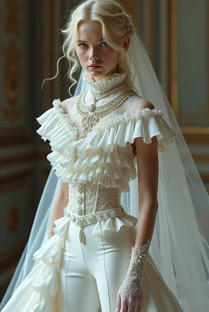 Young thin man, feminine in appearance, white skin with blonde hair in waves with layers and braids, rococo groom dress. She wears a unique outfit that combines a dress with very tight white dress pants.. The pants are complemented by a layered dress train that starts at the waist., with lace and tulle. the top, an imperial collar with ruffles and lace, full to the waist, sleeveless, without transparencies, decorated with delicate ruffles and crystals sewn to the front that add a touch of luxury. The ensemble is completed with a bridal veil in layers of more than five meters., elbow length lace gloves
