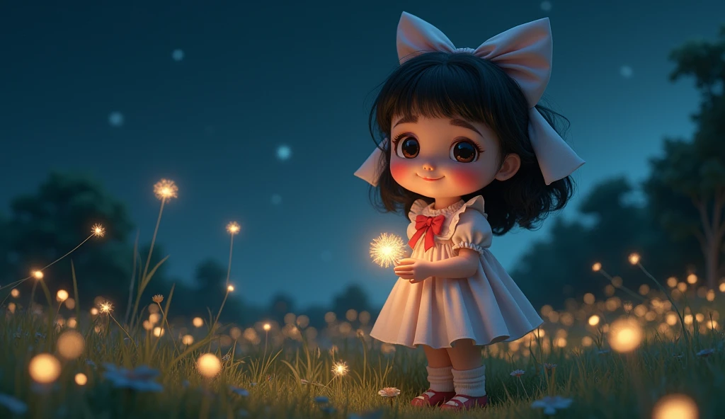 the night，Lolita style clothing，Cartoony，Chubby ，Holding a glowing dandelion，，Cute and cute，KIDS ILLUSTRATION，Glow effects，Dingdall effect，depth of fields，high light，Real light，Ray traching，oc rendered，Hyper-realistic，best qualtiy，8K，Works of masters，super-fine，Detailed pubic hair，Correct anatomy，sharp focus on eyes，Bokeh，Facial features are carefully depicted
