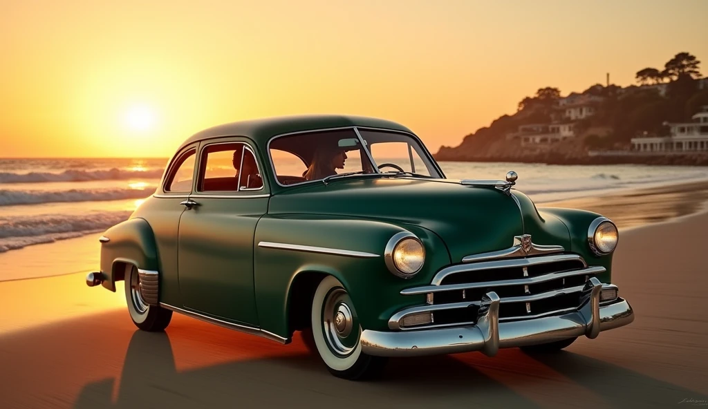 1952 dodge coupe Dark green at the Malibu beach with a sunset, a beautiful blonde woman driving,
