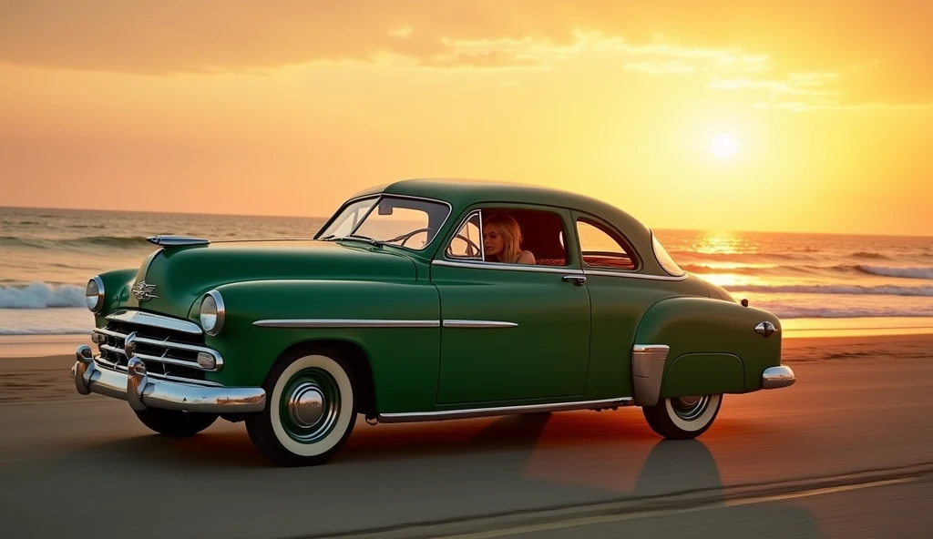 1952 dodge coupe Dark green at the Malibu beach with a sunset, a beautiful blonde woman driving, 