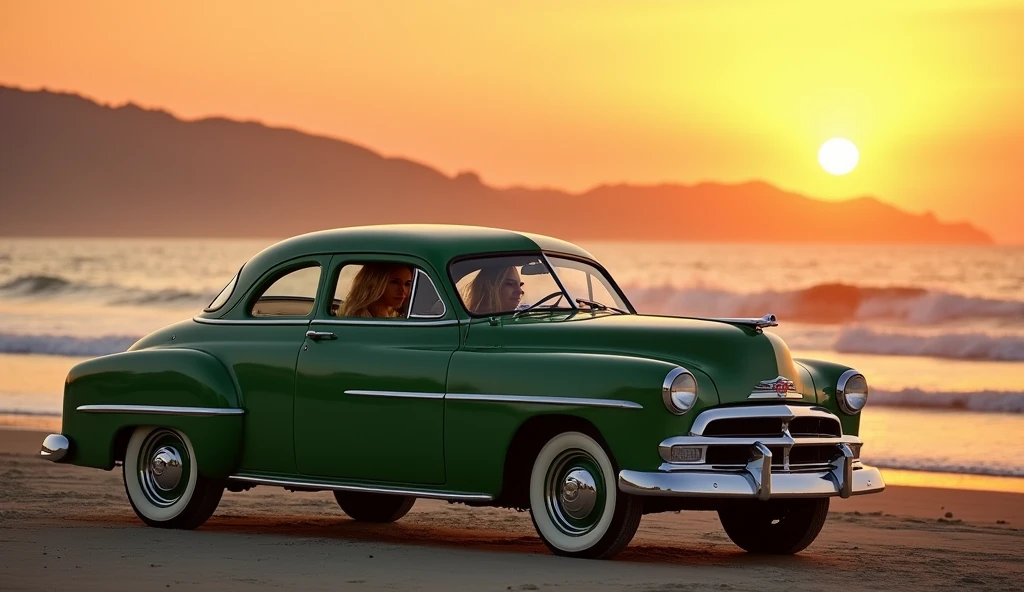 1952 dodge coupe Dark green at the Malibu beach with a sunset, a beautiful blonde woman driving,