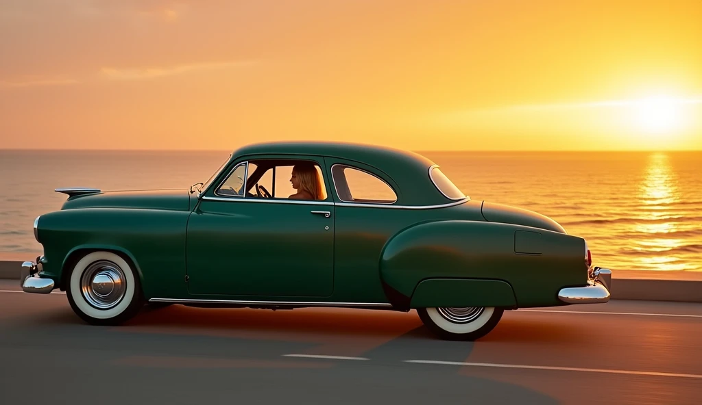 1952 dodge coupe Dark green at the Malibu beach with a sunset, a beautiful blonde woman driving, 