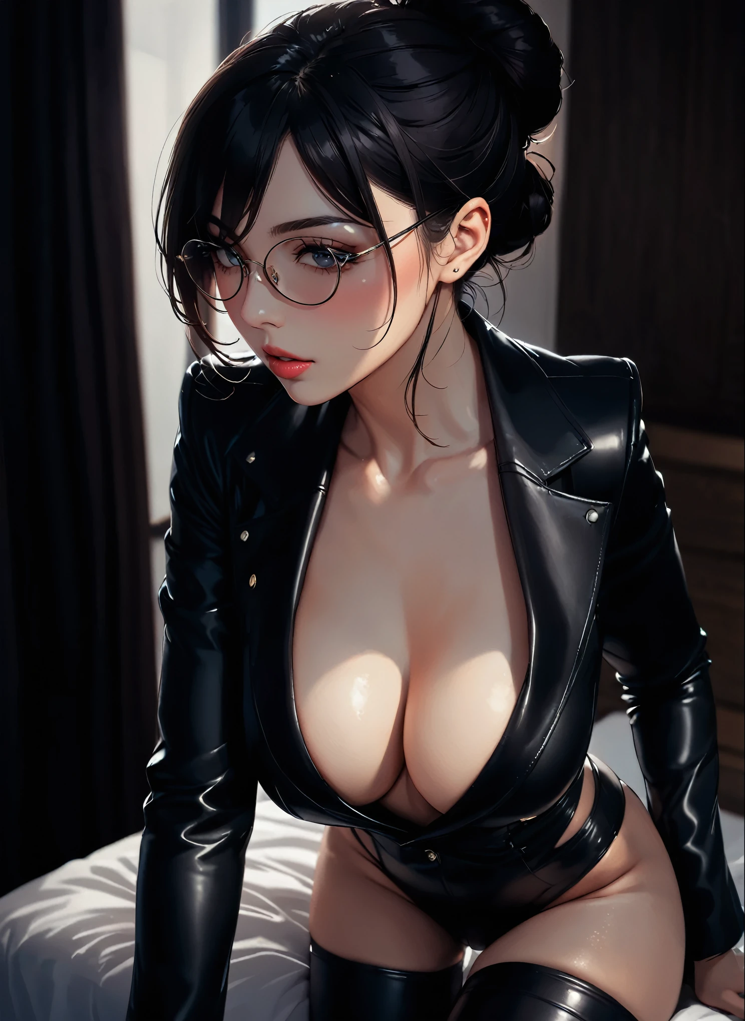 sexy woman, milf, Black hair in a bun, captivating eyes, deeper blush, lips parted for a kiss, lustful look, seductive, sexy black leather suit, with thin glasses, round breasts, perfect anatomy