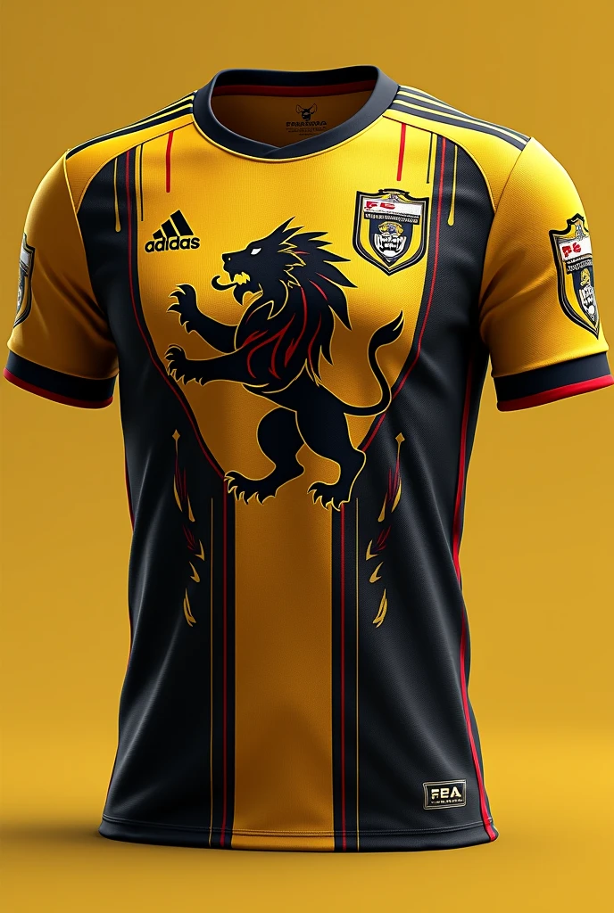 Away football uniform of a team called DELTA FC, whose main mascot is a lion and its colors are gold , black with fine red details , Inspired by Bogota, Colombia created in 2023 Image from both front and back