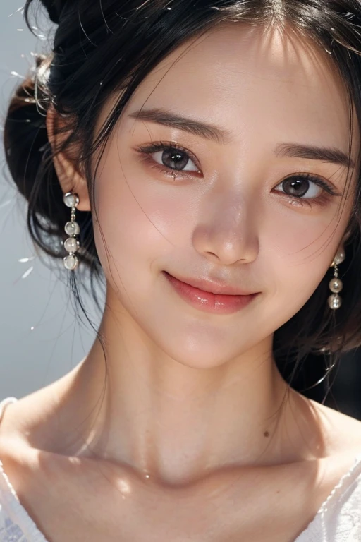 (2 Japanese beautiful girl,), (Small breasts:1.5,),(solo,,Textured skin, Detailed skin,Detailed face,Detailed eyes,detailed posing,Natural eyebrows,Sparkling Eyes,High detail, Highest quality, Super detailed, Surrealism, ,8k,RAW Photos,Photographicism,Professional Lighting,Ray Tracing,Aperture F1.2,Portrait Photography,Natural Light),(((Black Hair, Natural Makeup,Simple earrings, Bun Hair, Off-screen, Extreme close-up, smile, )))