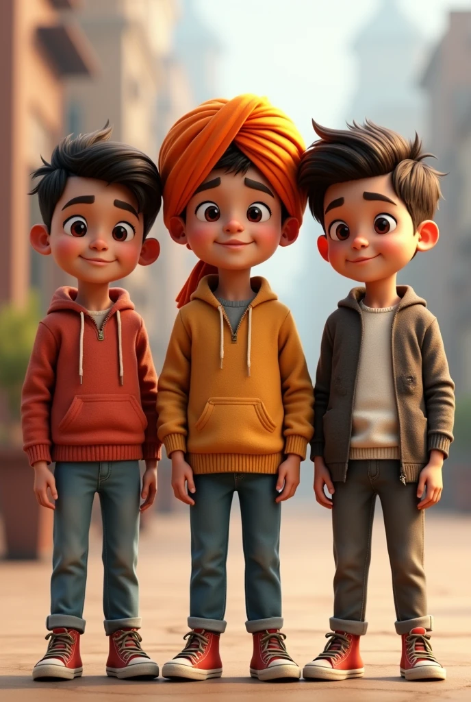 Three boys are standing beside of each other. One of them is punjabi and wearing turban. They are 1.