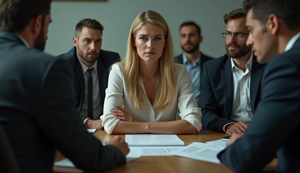 A 30 year old blonde girl sits surrounded by fraudulent loan brokers