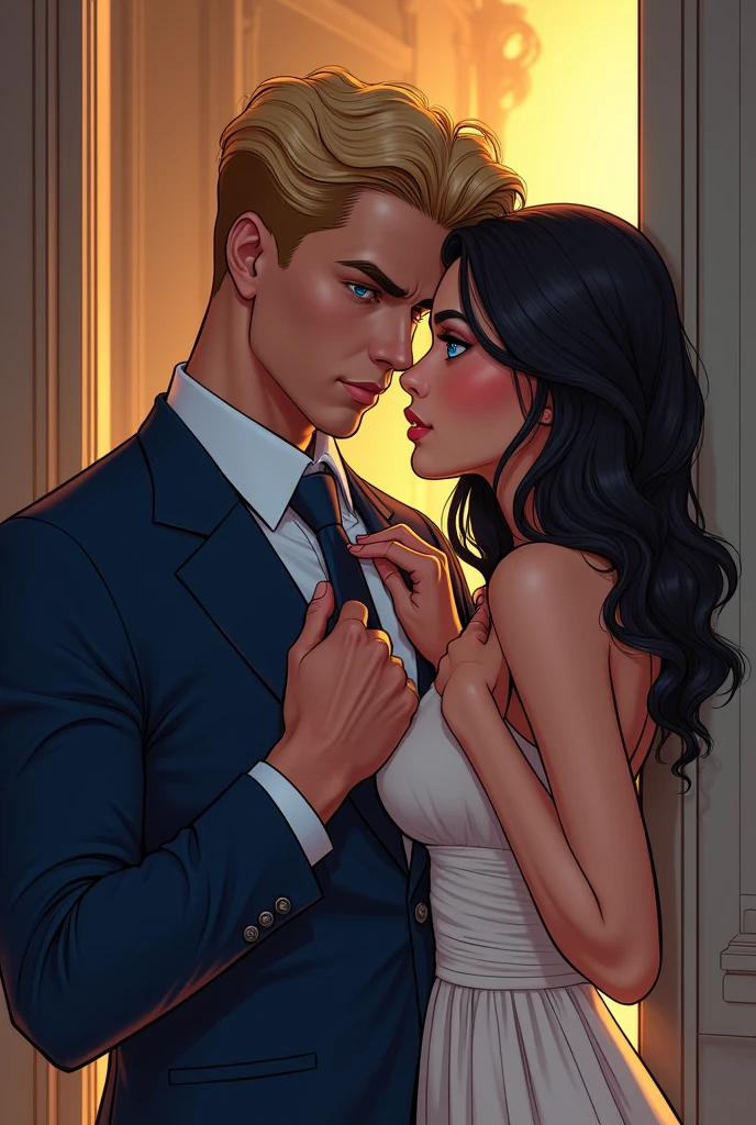 cartoon illustration of a handsome man forty years old, powerful blue look and blonde hair, similar to the character Tyler Rake, wearing a suit and a tie, looking intensely and passionately at a beautiful twenty-year-old girl similar to the character Blair Waldorf, youthful face, naive dark look, dark hair and dark eyes wearing a light dress, they are in a luxurious suite, she is leaning against the wall being seductively cornered by him and taking off his tie. full body image of the couple.