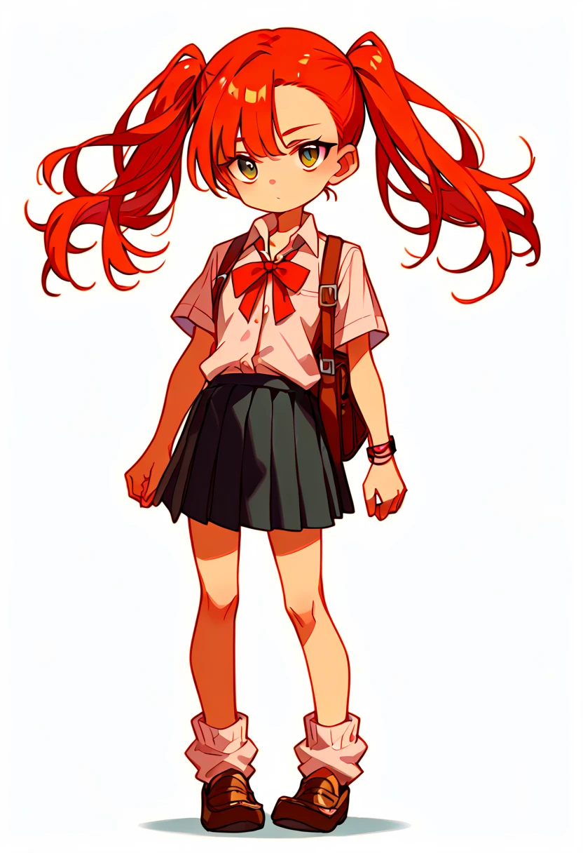 masterpiece, (score_9,score_8_up,score_7_up,score_6_up), 1 girl, green eyes, little sassy, bitch / cockslut / whore, skinny, tsurime, asymmetrical bangs, twintails, (blond hair:1.3), (school uniform), (white collared shirt, plain pattern shirt, short sleeves, shirt tucked in:1), (red plain pattern narrow neck ribbon:1.2), brown loafers, white loose socks ,chibi only,chibi,